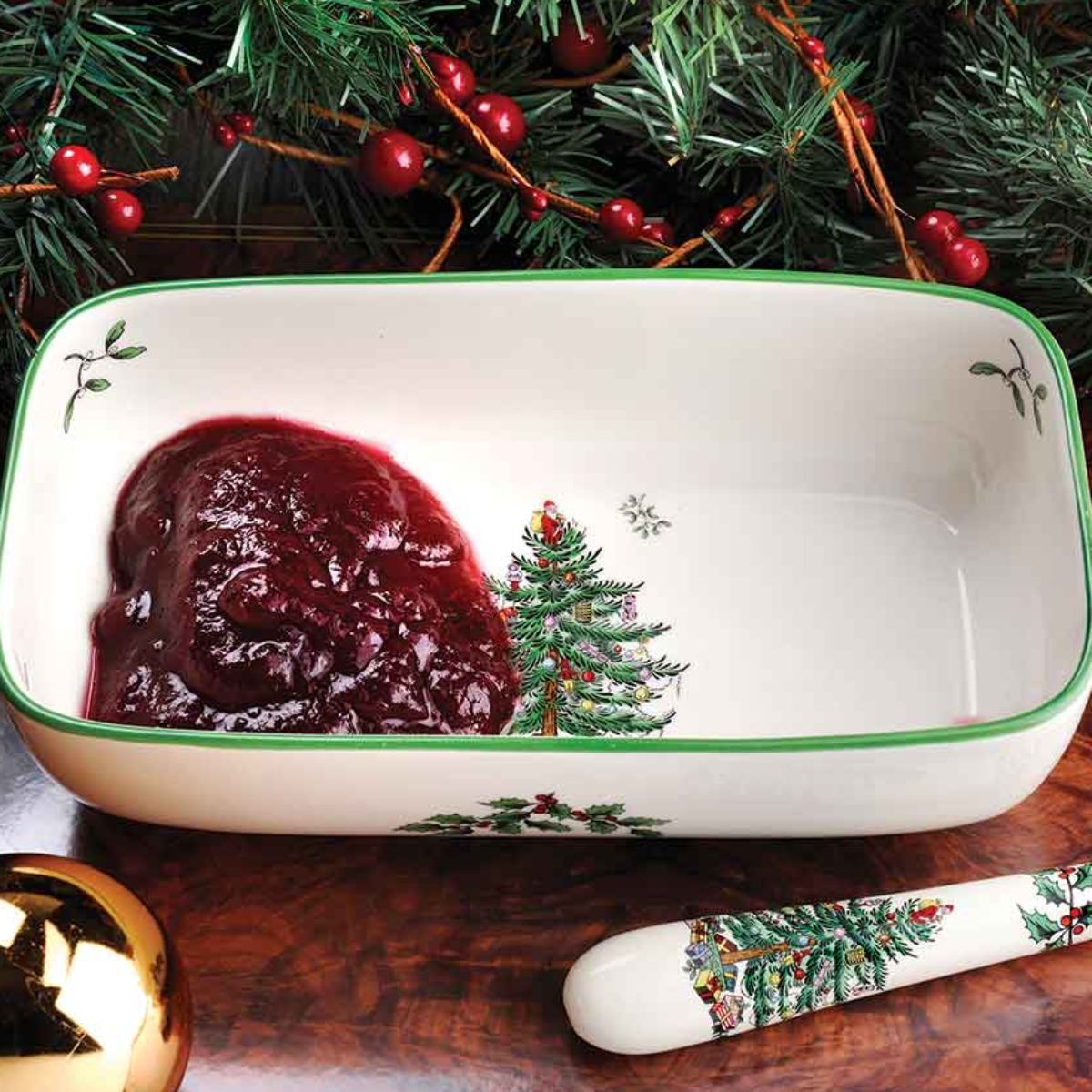 Christmas Tree Cranberry Server with Slotted Spoon image number null